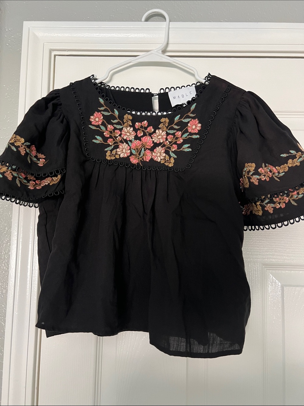 Mable Black Babydoll Top Embroidered Floral Short Layer Sleeve Scalloped Edges L